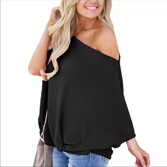 New! Off Shoulder Waffle Knit Thermal Twist Top - Picture 3 of 8
